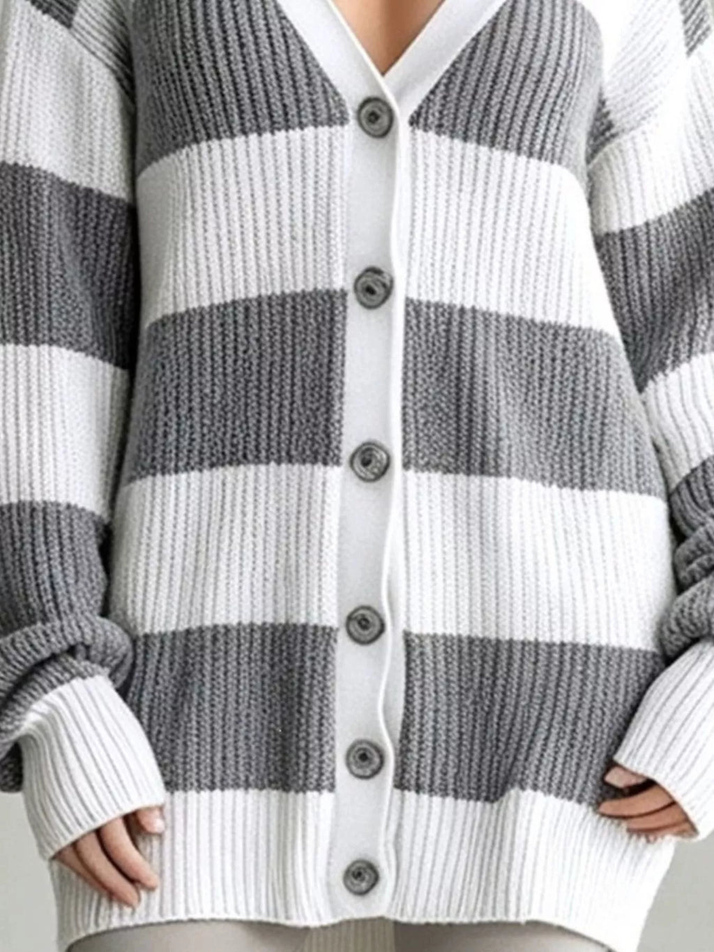 Striped V-Neck Button-Down Cardigan