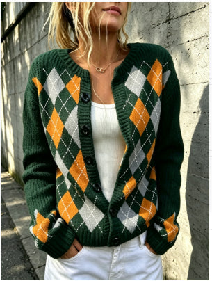 Long Sleeve Printed Small Coat Round Neck Cardigan