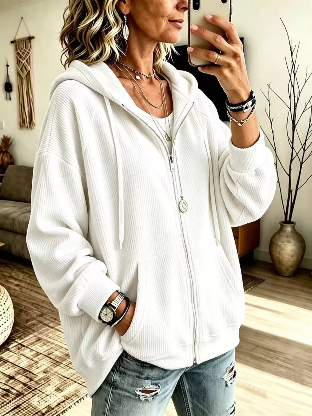 Ribbed Knit Quarter-Zip Hoodie with Kangaroo Pocket