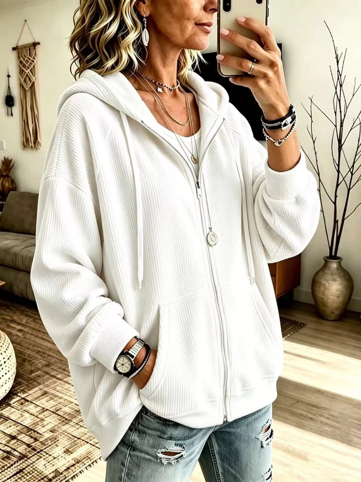 Ribbed Knit Quarter-Zip Hoodie with Kangaroo Pocket