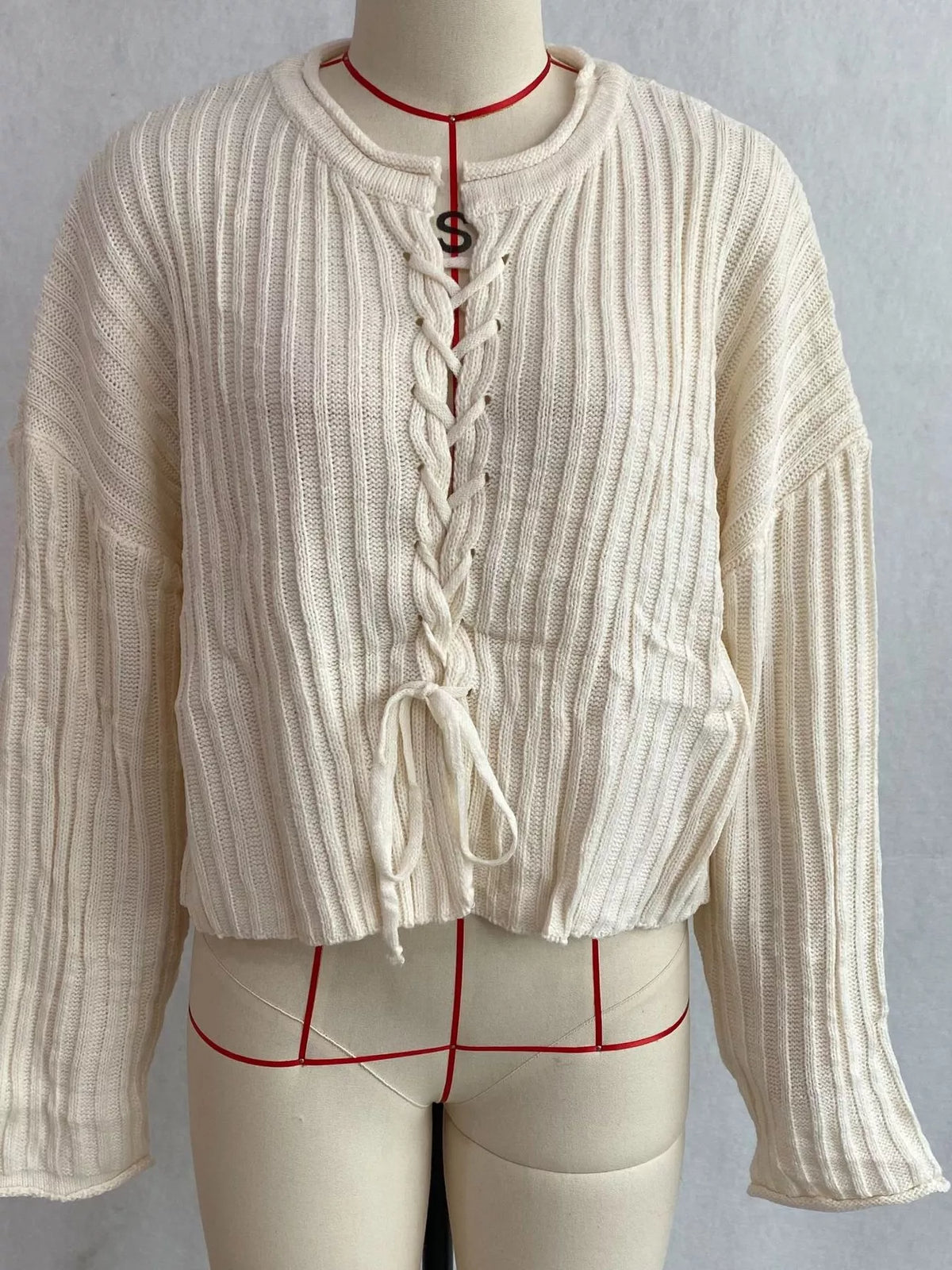 Ribbed Lace-Up Crop Sweater