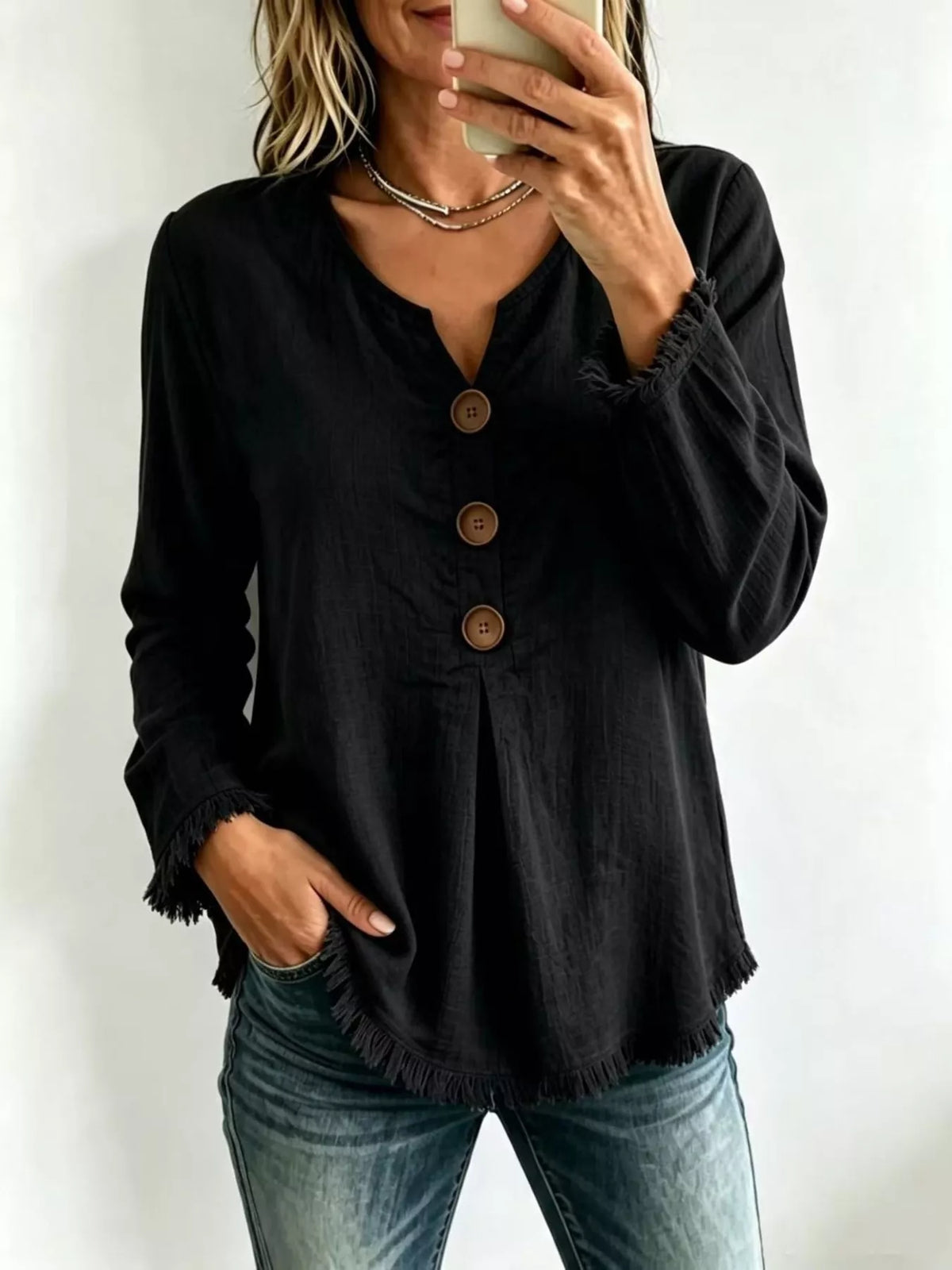 Full Size Casual Half-Button Blouse with Frayed Hem Detail Plus Size