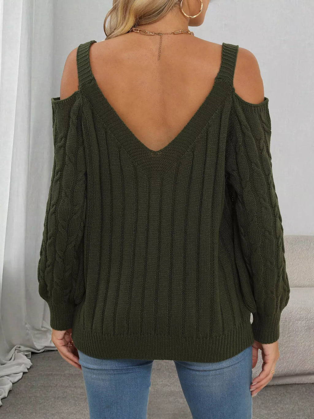 Floral Applique Cold Shoulder Cable Knit Sweater