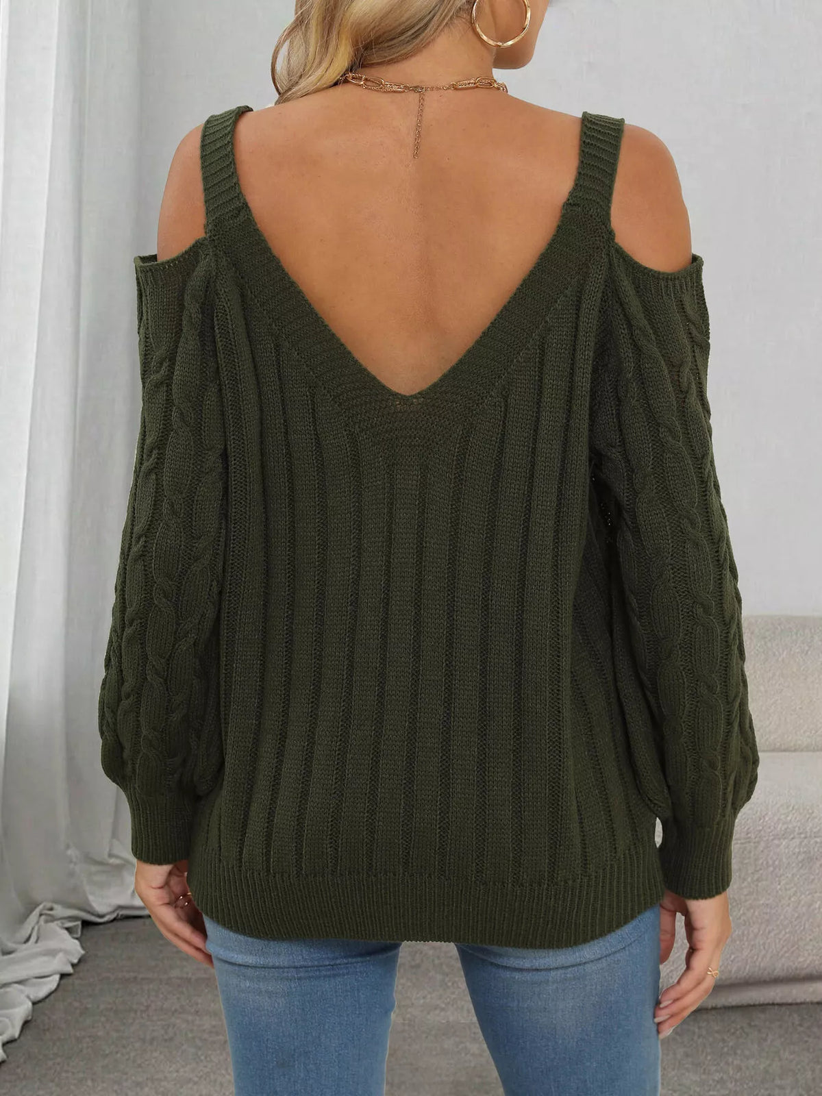 Floral Applique Cold Shoulder Cable Knit Sweater