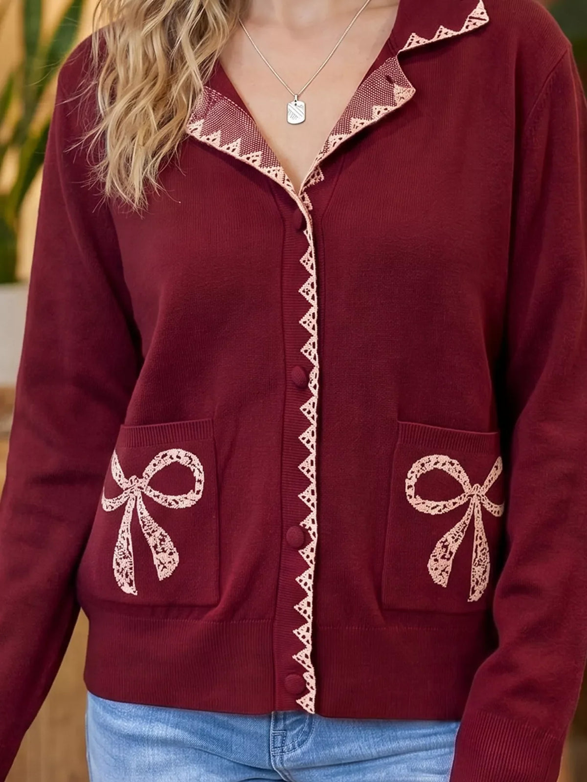 Bow Pocket Collar Long Sleeve Knit Cardigan