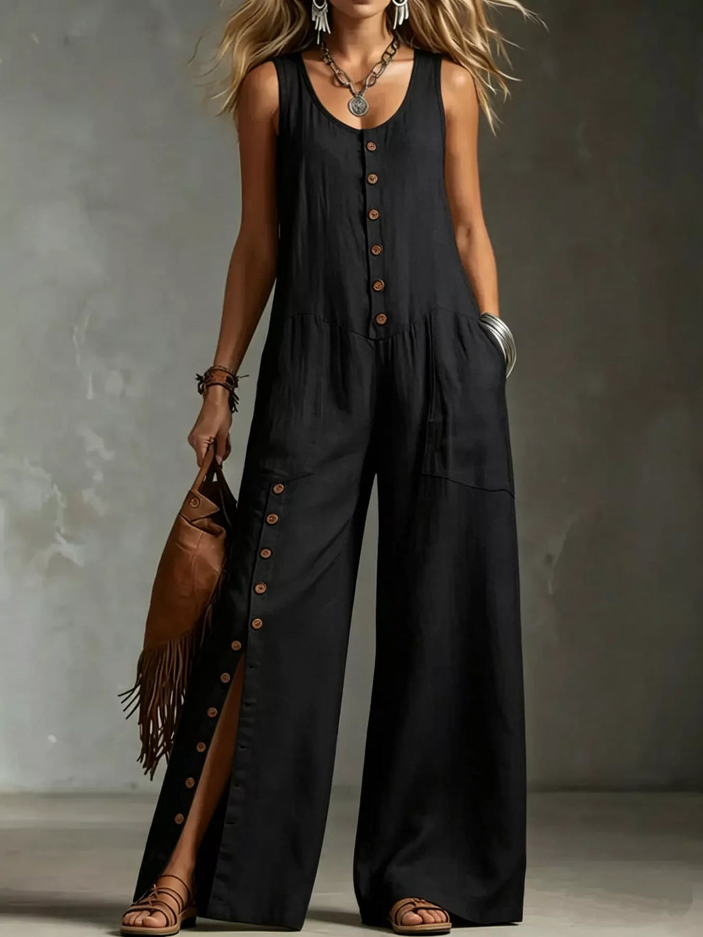 Full Size Sleeveless Button-Down Wide-Leg Jumpsuit Plus Size