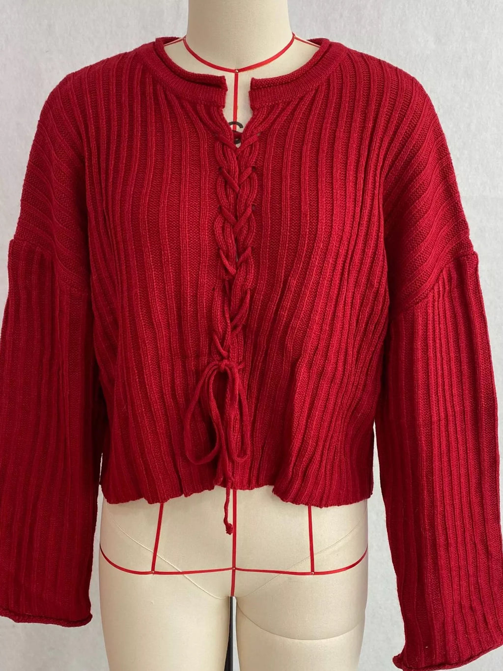 Ribbed Lace-Up Crop Sweater