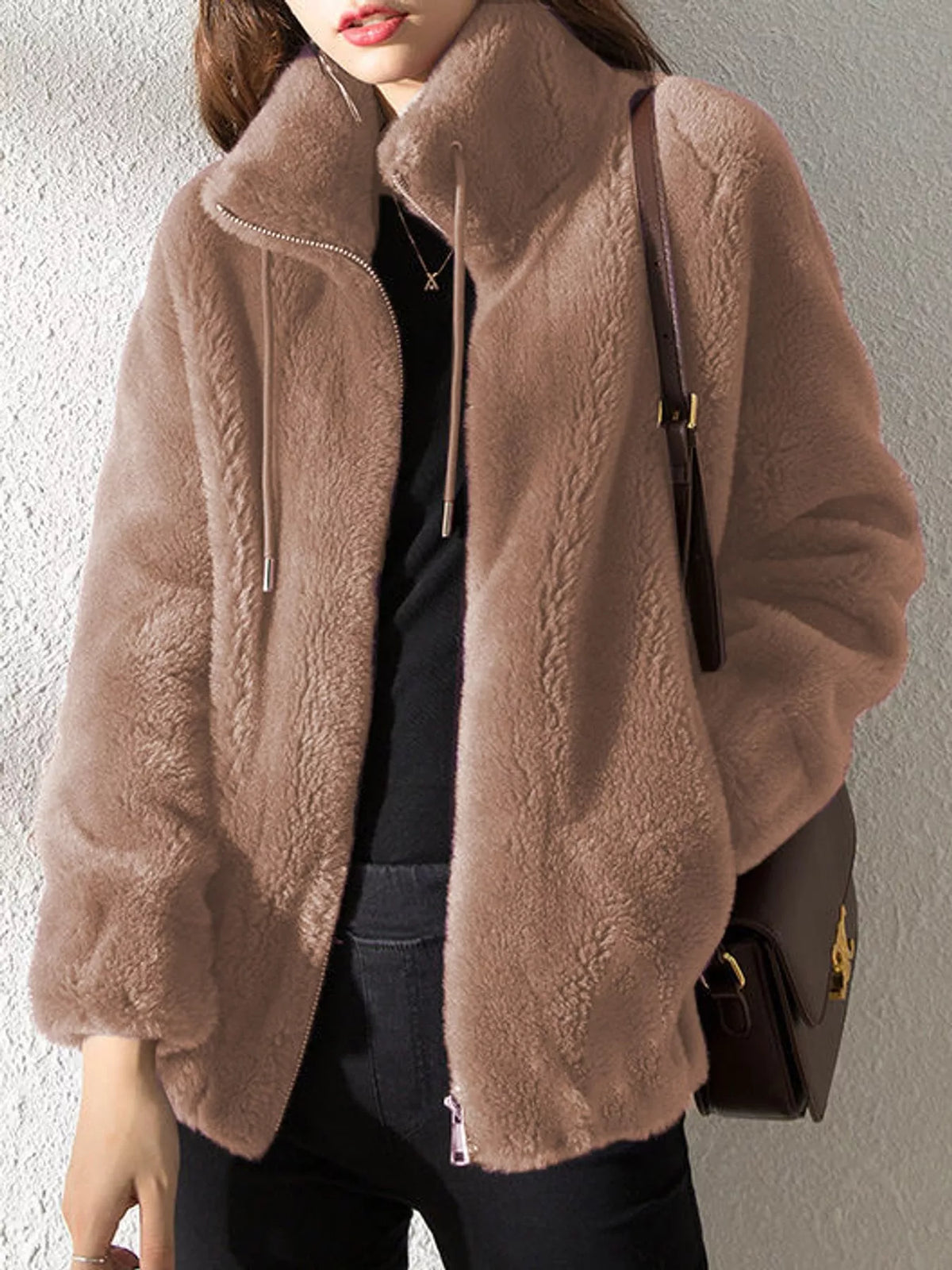 Full Size Drawstring Faux Fur Stand-Collar Zip-Up Outerwear Plus Size