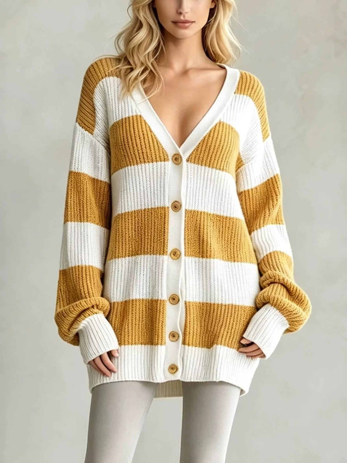 Striped V-Neck Button-Down Cardigan