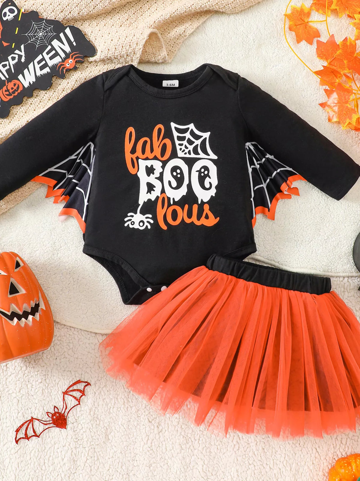 Children's Halloween 'Fab-Boo-Lous' Bat Wing Long Sleeve Top and Tulle Skirt Set