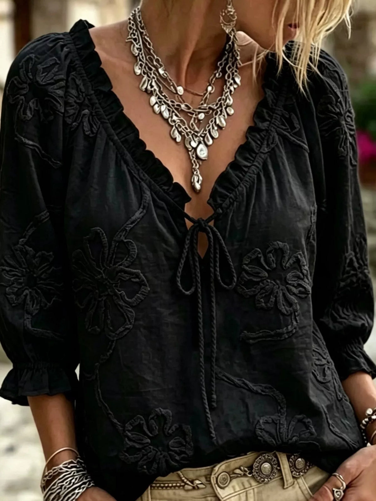 Full Size Flower Tie Front 3/4 Sleeve Blouse Plus Size