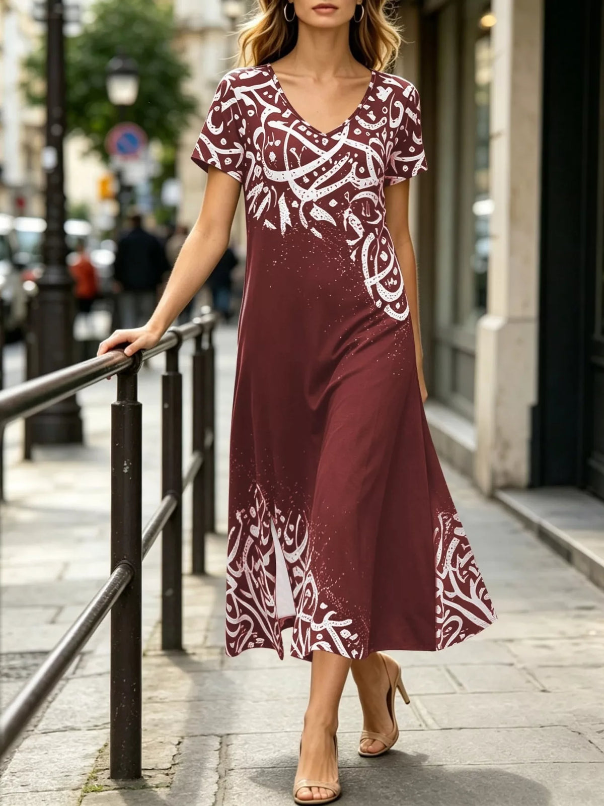 Printed Short Sleeve Midi Dress