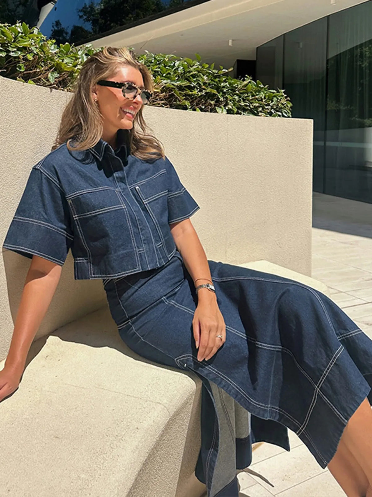 Cropped Short Sleeve Contrast Stitch Denim Top