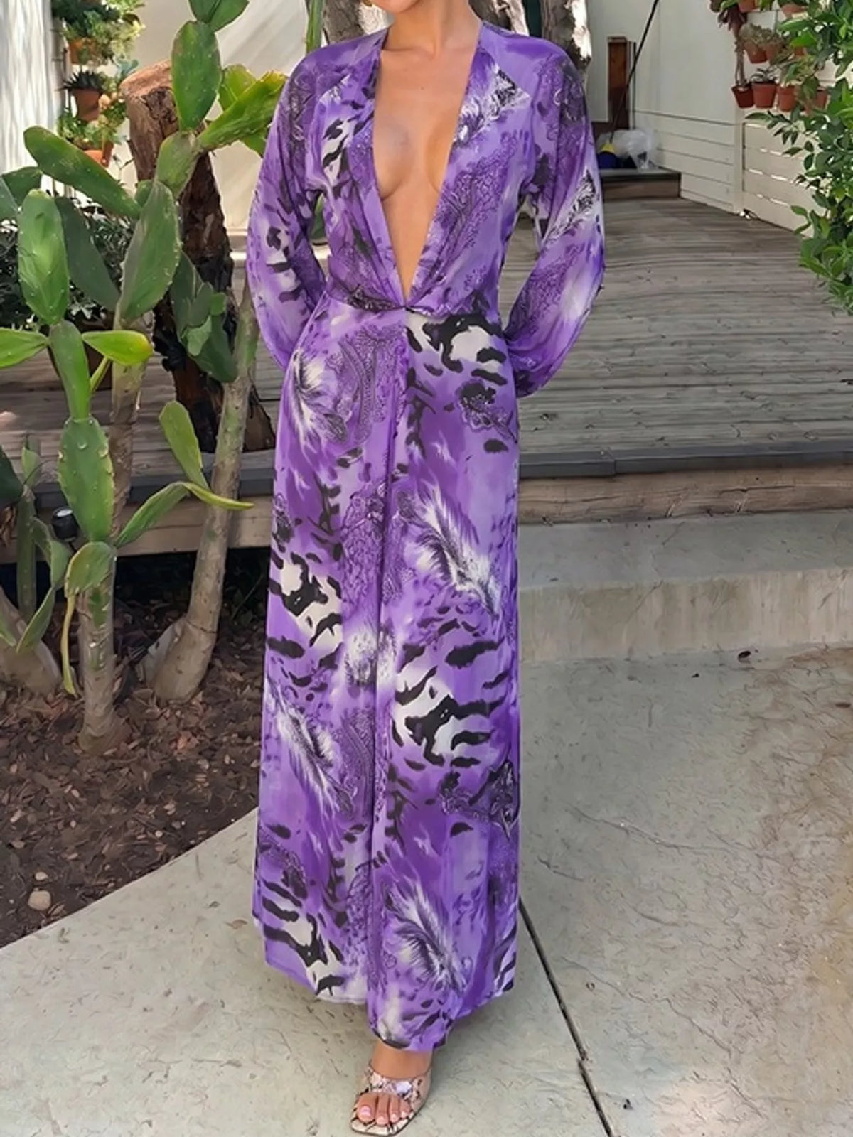 Deep V-Neck Long Sleeve Printed Maxi Dress