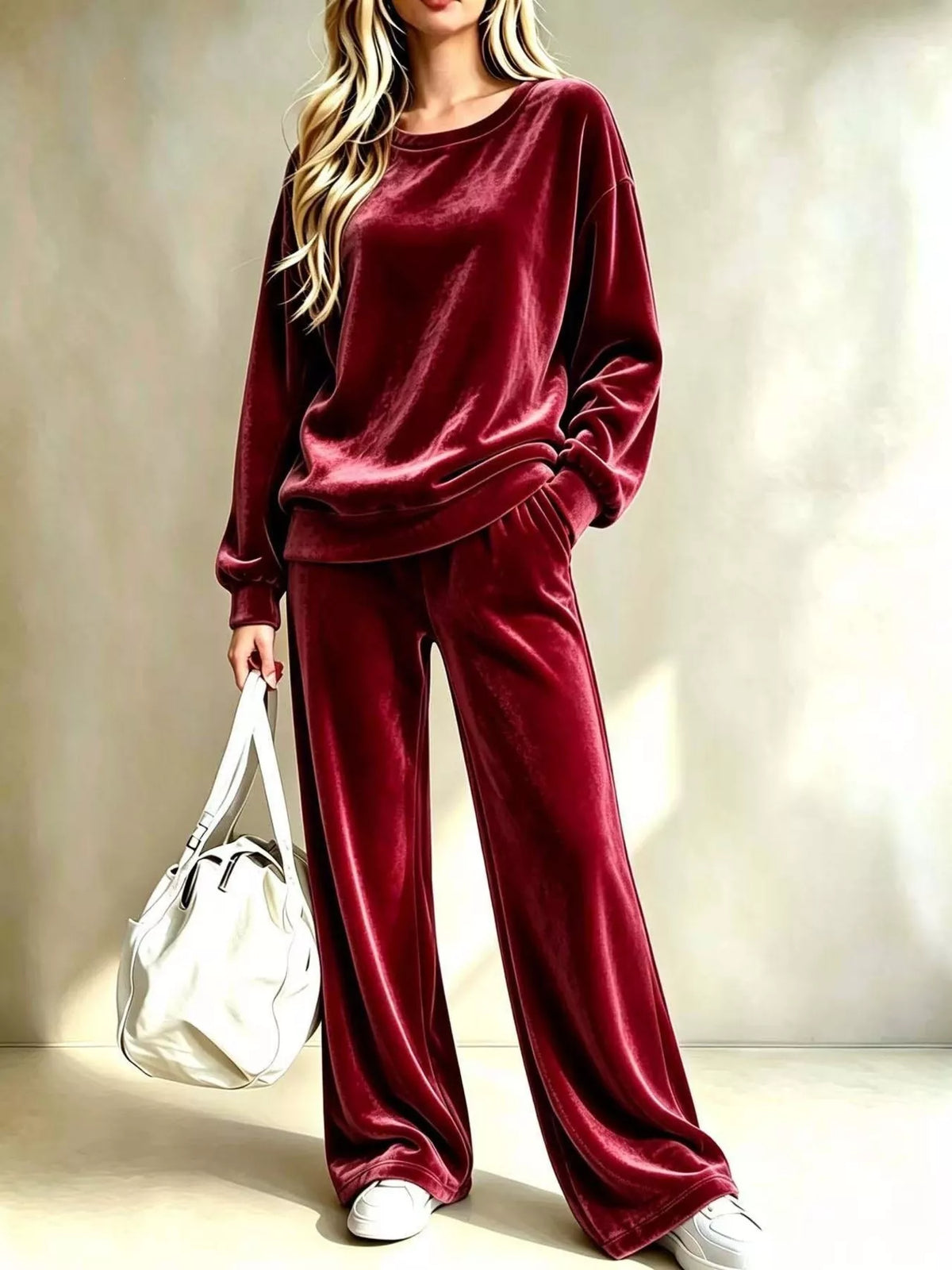 Full Size Dropped Shoulder Velvet Top and Wide Leg Pants Set Plus Size