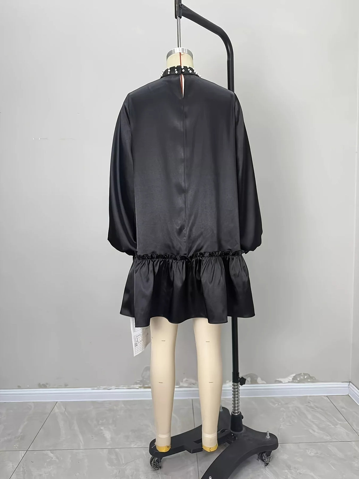 Pearl-Embellished Mock Neck Ruffle Hem Dress