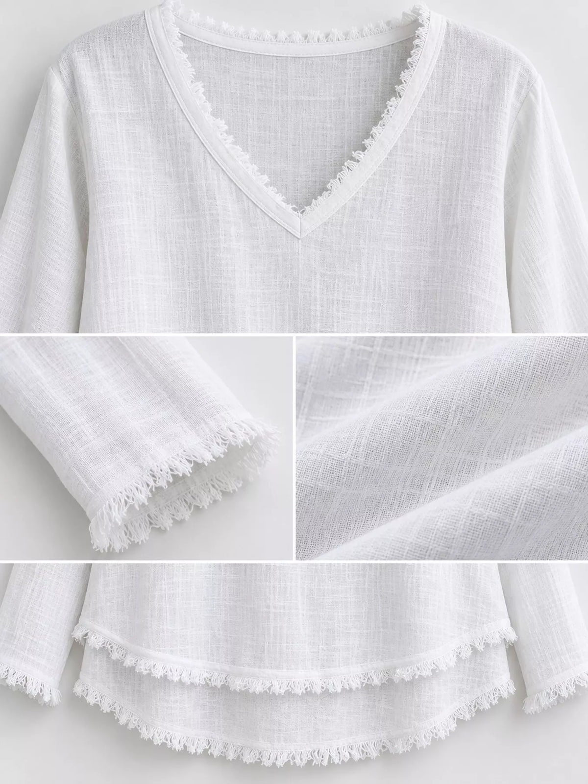 Full Size Frayed Hem V-Neck Long Sleeve Blouse Plus Size