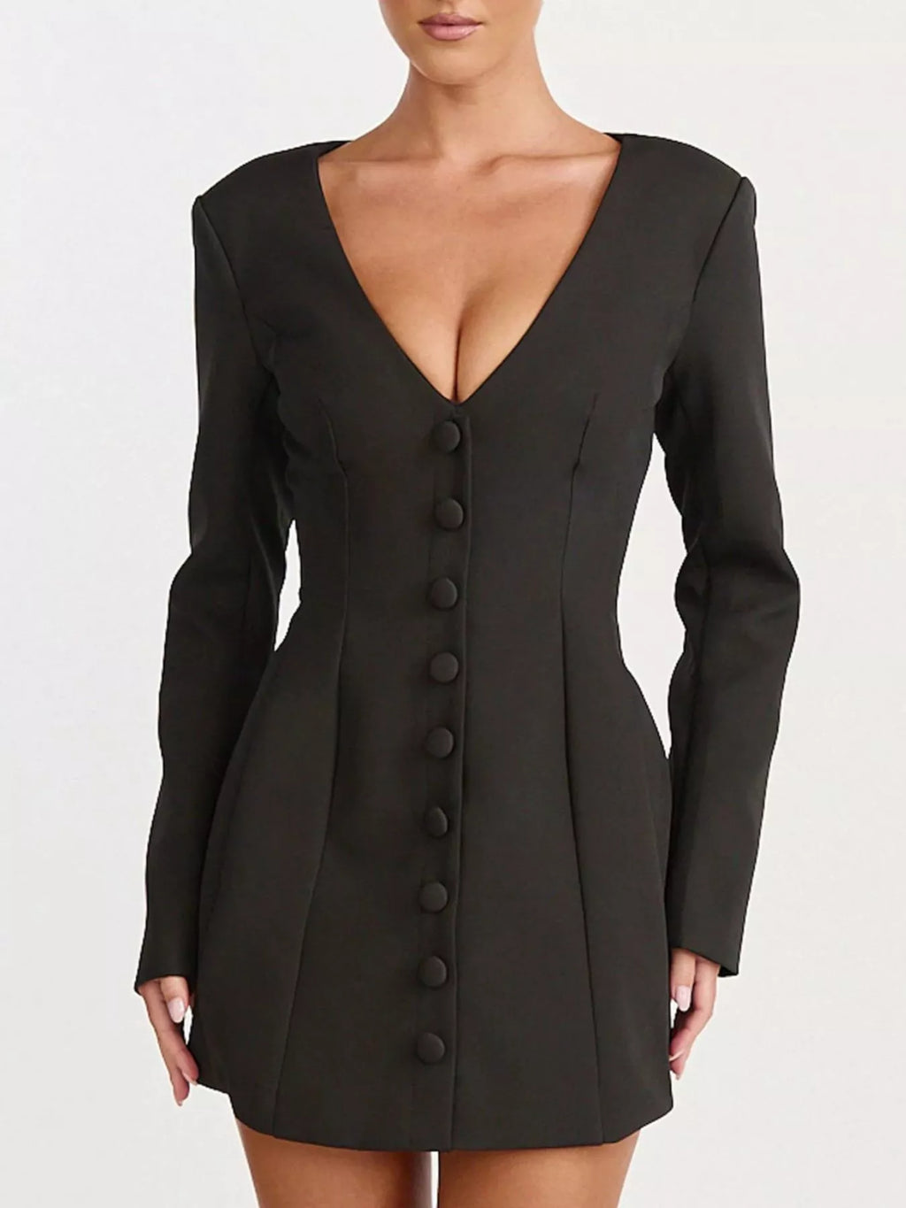 Deep V-Neck Button-Down Blazer Dress