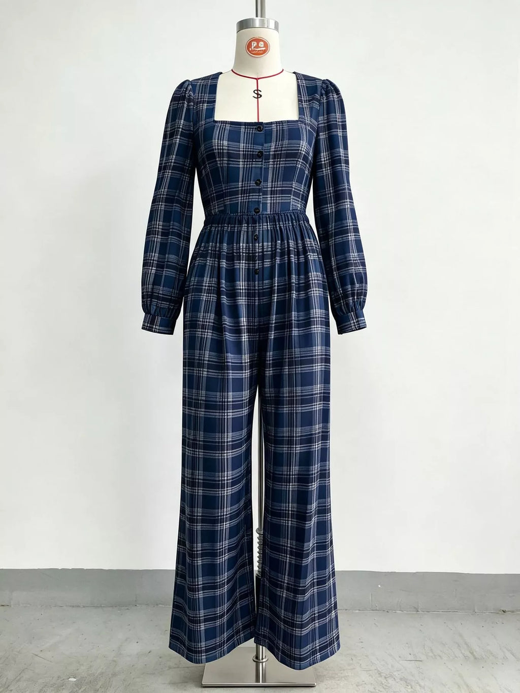 Plaid Square Neck Long Sleeve Wide-Leg Jumpsuit