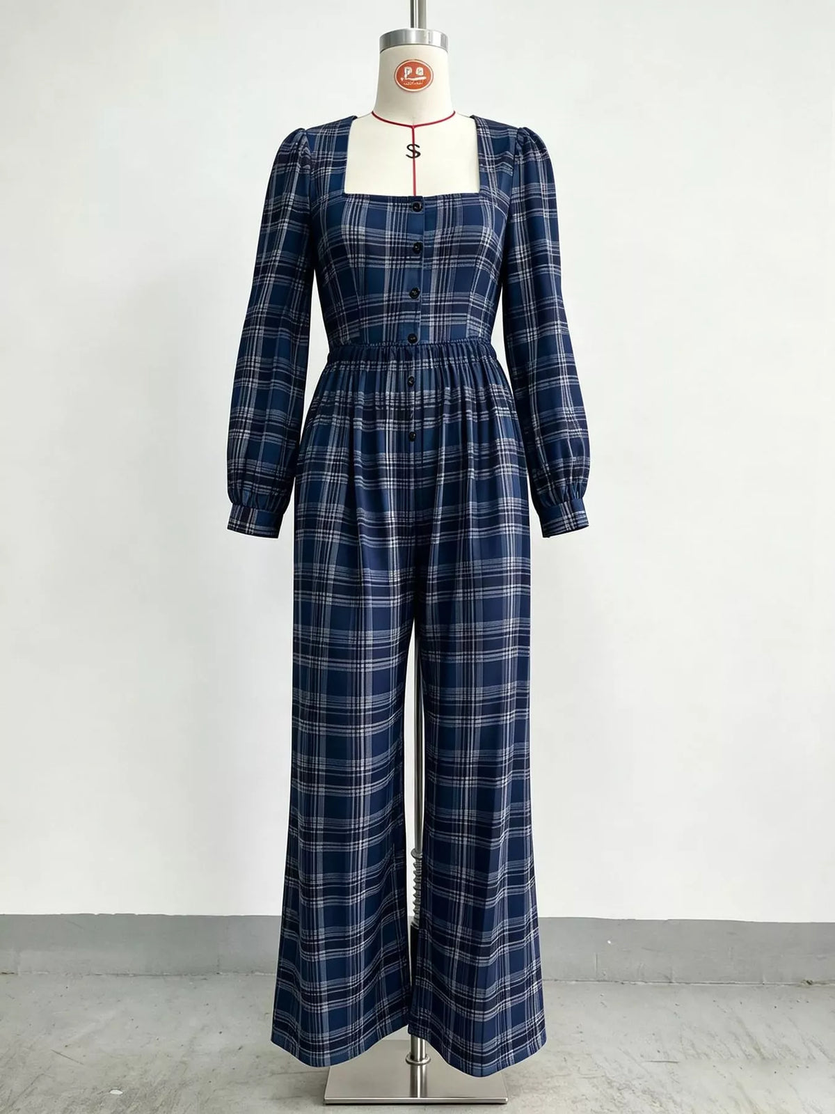 Plaid Square Neck Long Sleeve Wide-Leg Jumpsuit