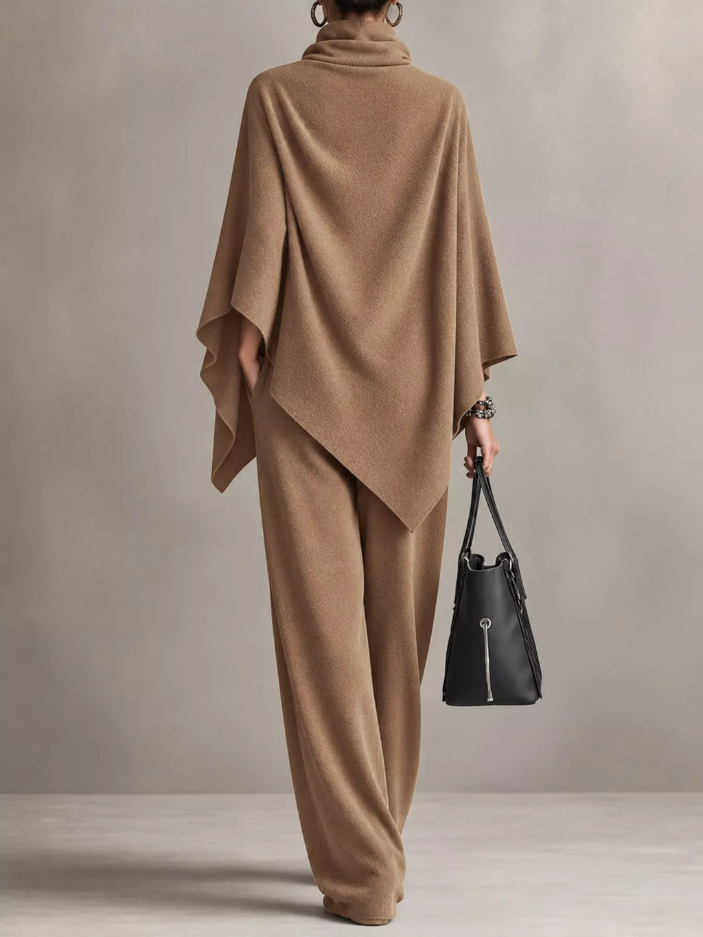 Full Size Turtleneck Poncho and Wide-Leg Pants Set Plus Size
