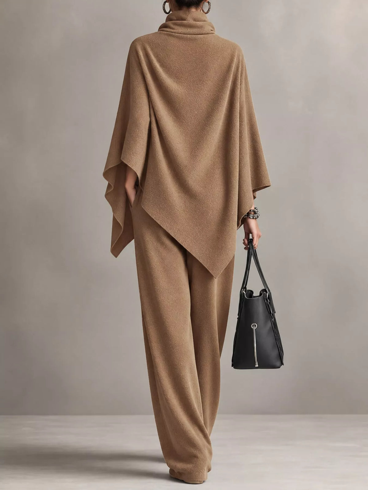 Full Size Turtleneck Poncho and Wide-Leg Pants Set Plus Size