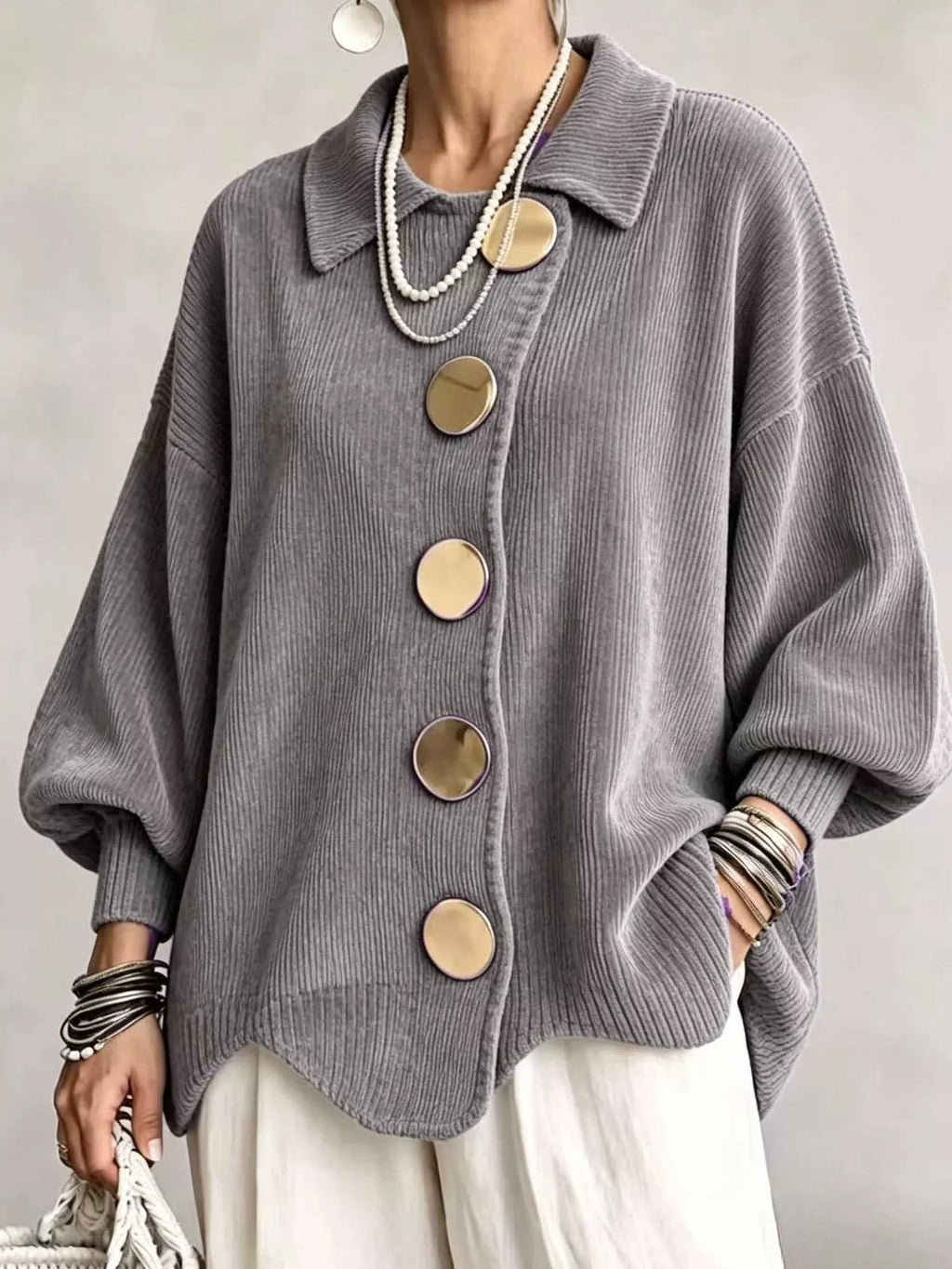 Full Size Ribbed Knit Gold Buttons Cardigan Plus Size