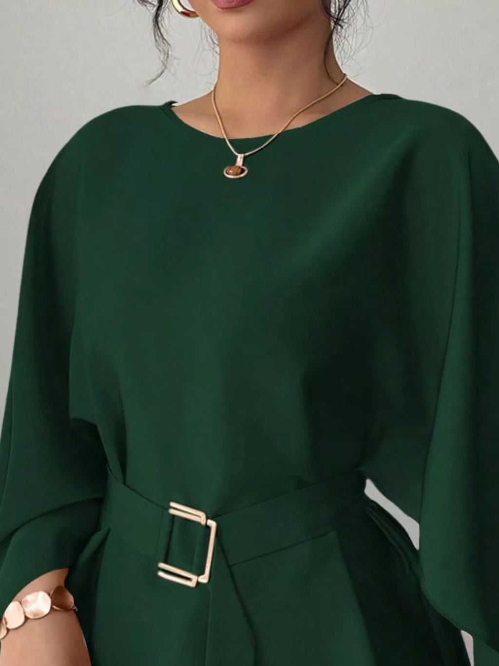 Round Neck Belt Batwing Sleeve Blouse