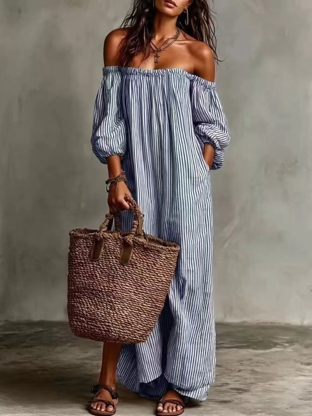 Full Size Off-Shoulder Striped Maxi Dress with Puff Sleeves Plus Size