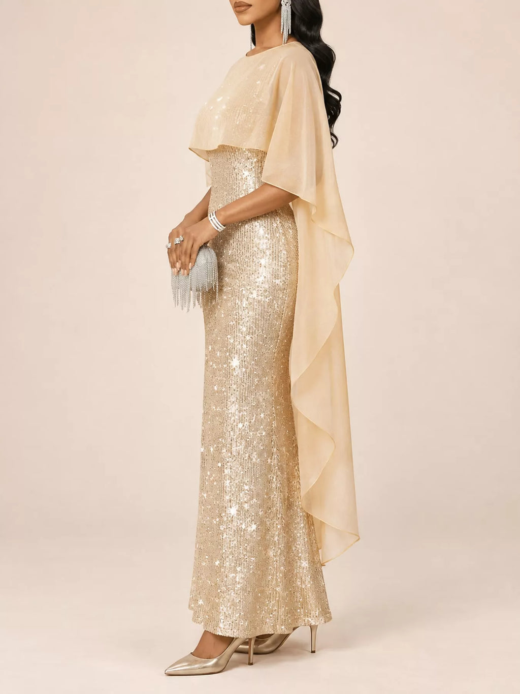 Sequin Cape Overlay Evening Dress