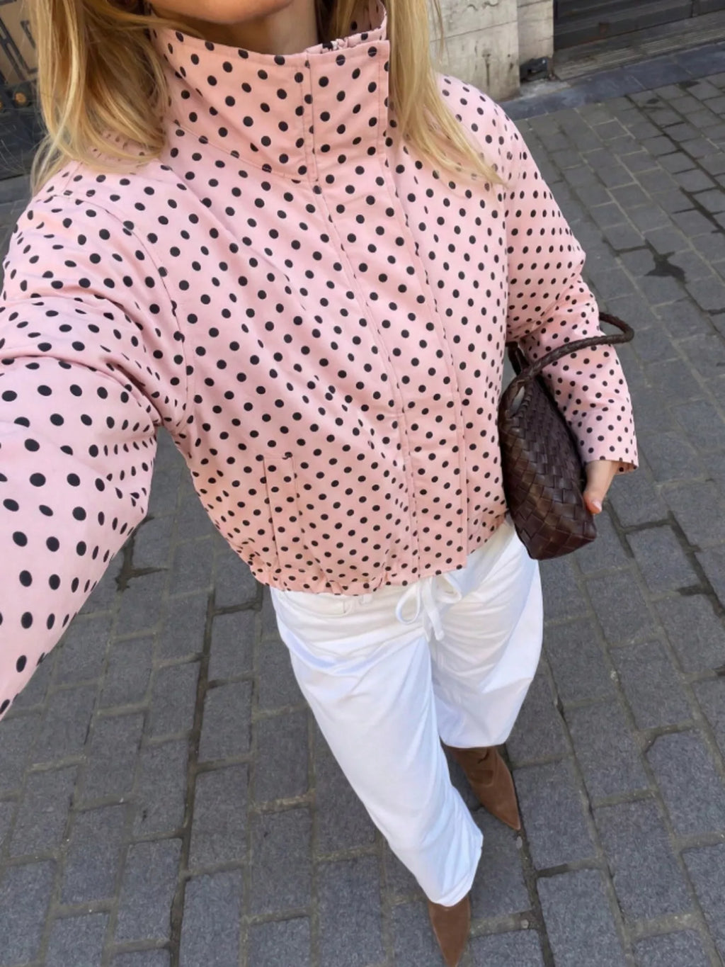 Polka Dot Zip Up Casual Jacket