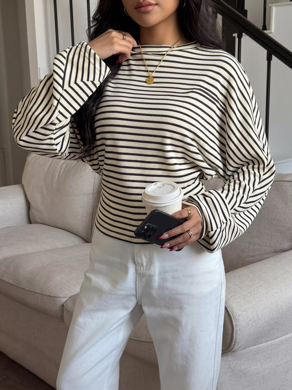 Striped Batwing Sleeve Crew Neck T-Shirt