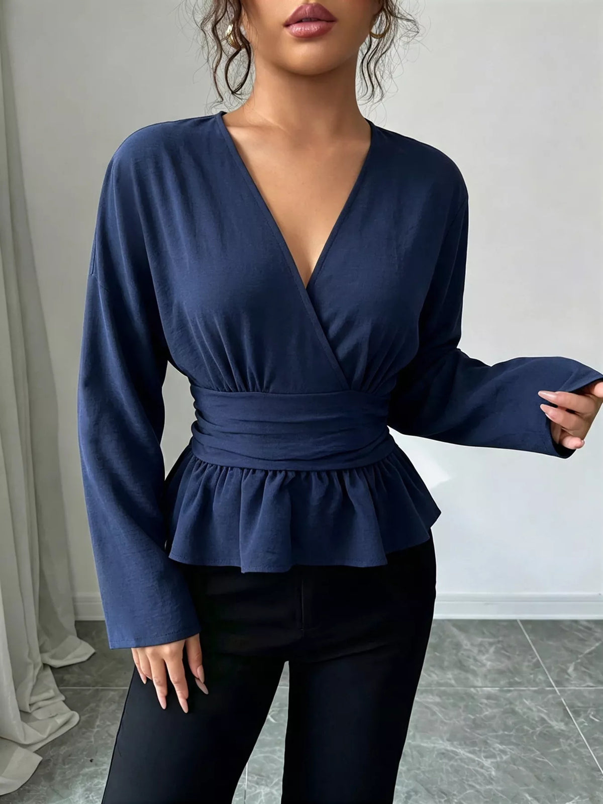 Surplice Long Sleeve Wrap Blouse