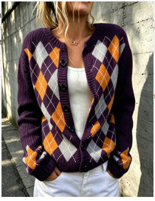 Long Sleeve Printed Small Coat Round Neck Cardigan