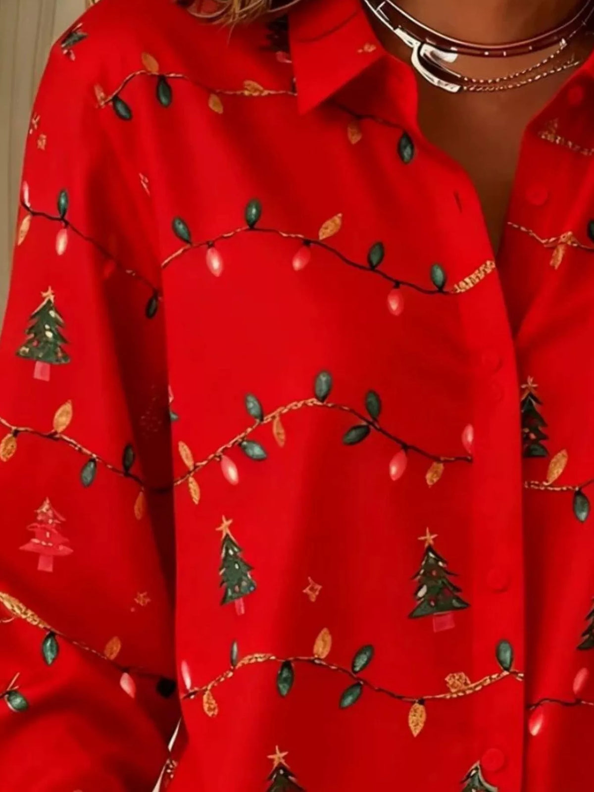 Full Size Christmas Tree Print Long Sleeve Button-Down Shirt Plus Size