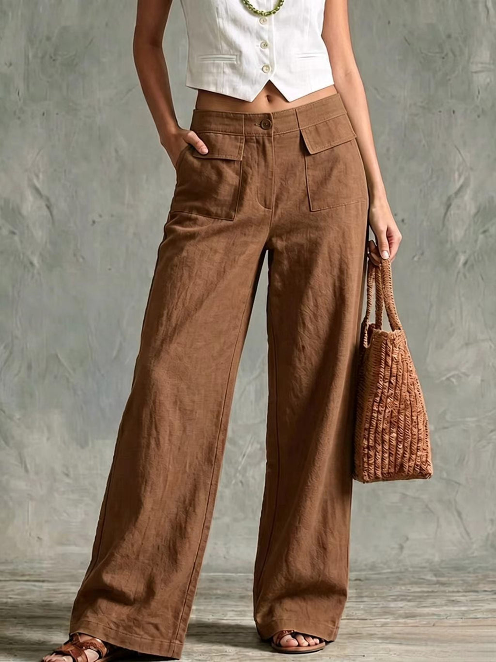 Women's Solid Color Loose Fit Casual Pants - Elastic Waist Trousers for Daily Wear