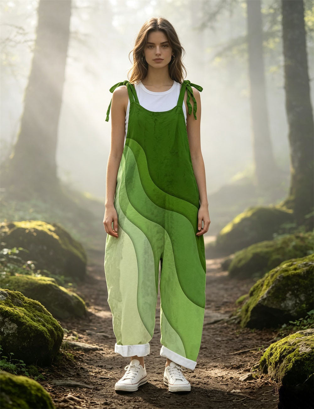 Women Green Gradient Wave Print Tie Strap Overalls, Loose Wide Leg Rolled Cuff Casual Jumpsuit With Pockets