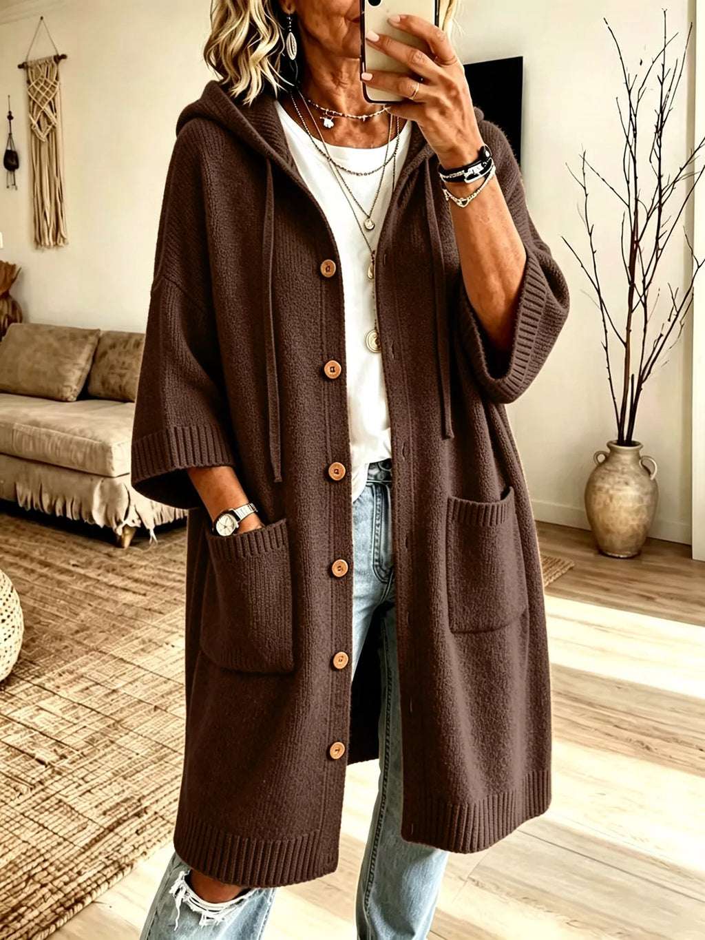 Hooded Button-Down Knit Cardigan with Pockets