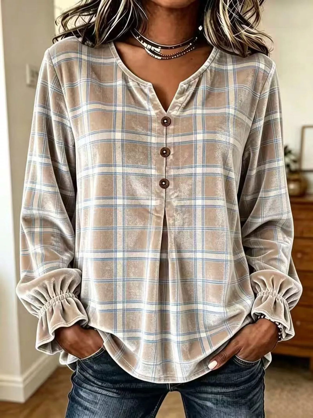 Full Size Plaid Velvet Flounce Sleeve Blouse Plus Size