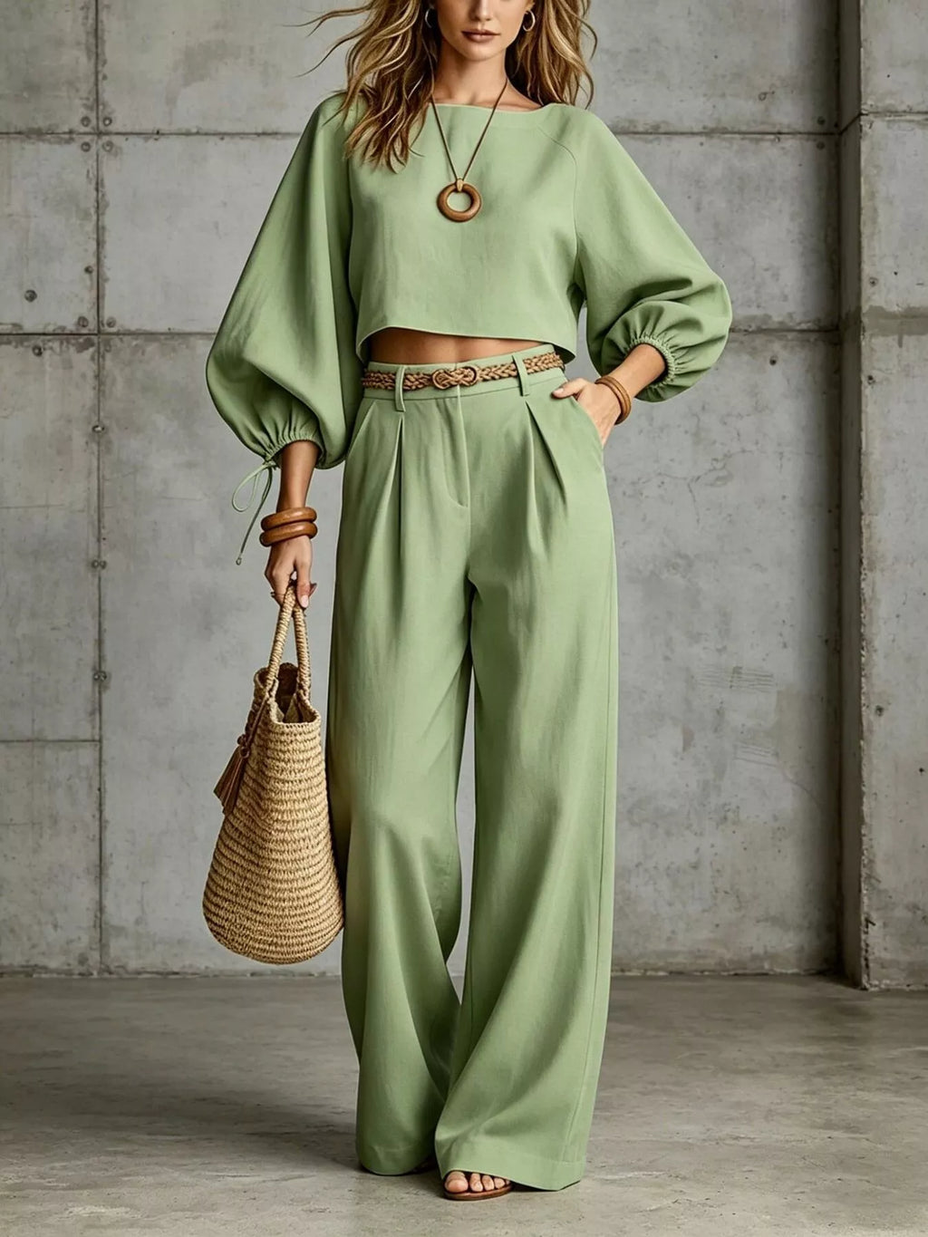 Balloon Sleeve Crop Top and Wide-Leg Pants Set