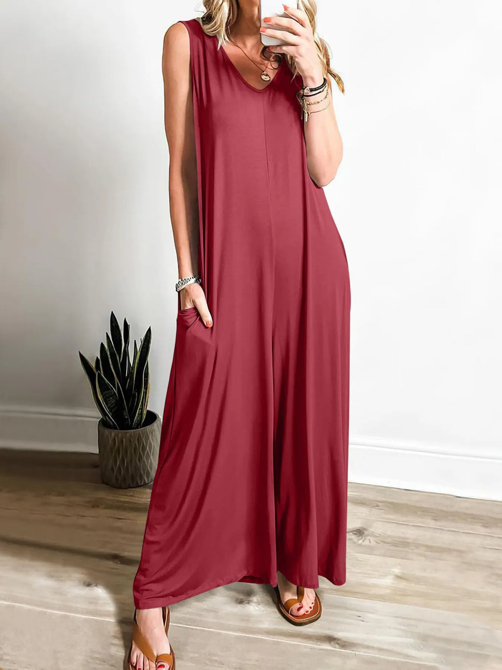 Sleeveless V-Neck Jumpsuit with Pockets