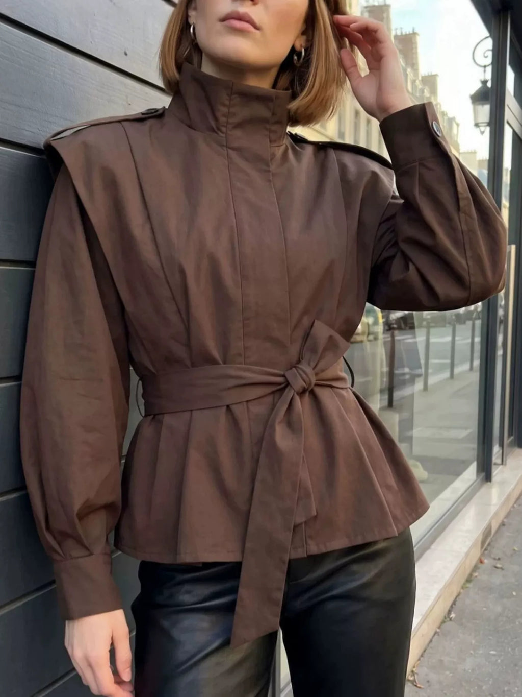 Stand-Collar Belted Outerwear