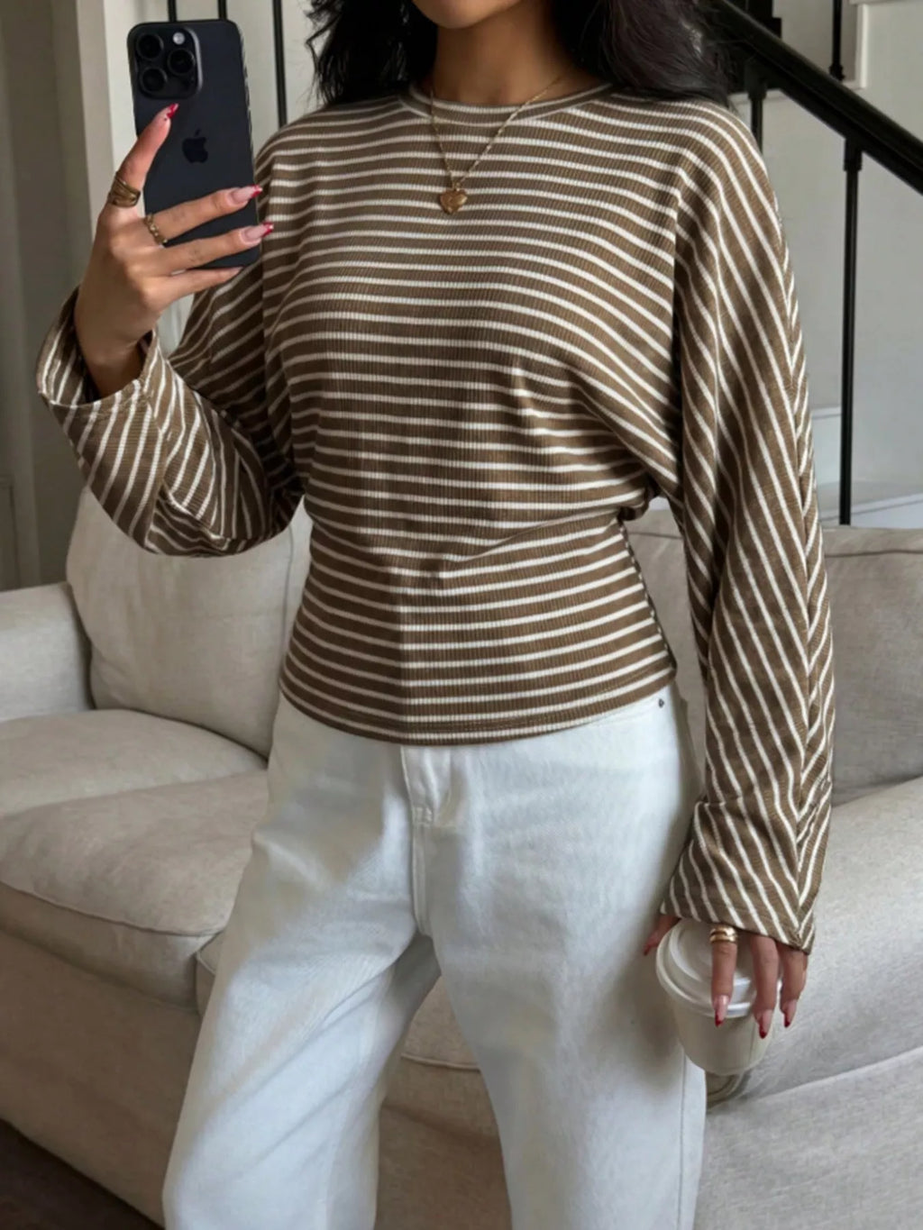 Casual Striped Long Sleeve Batwing T-Shirt