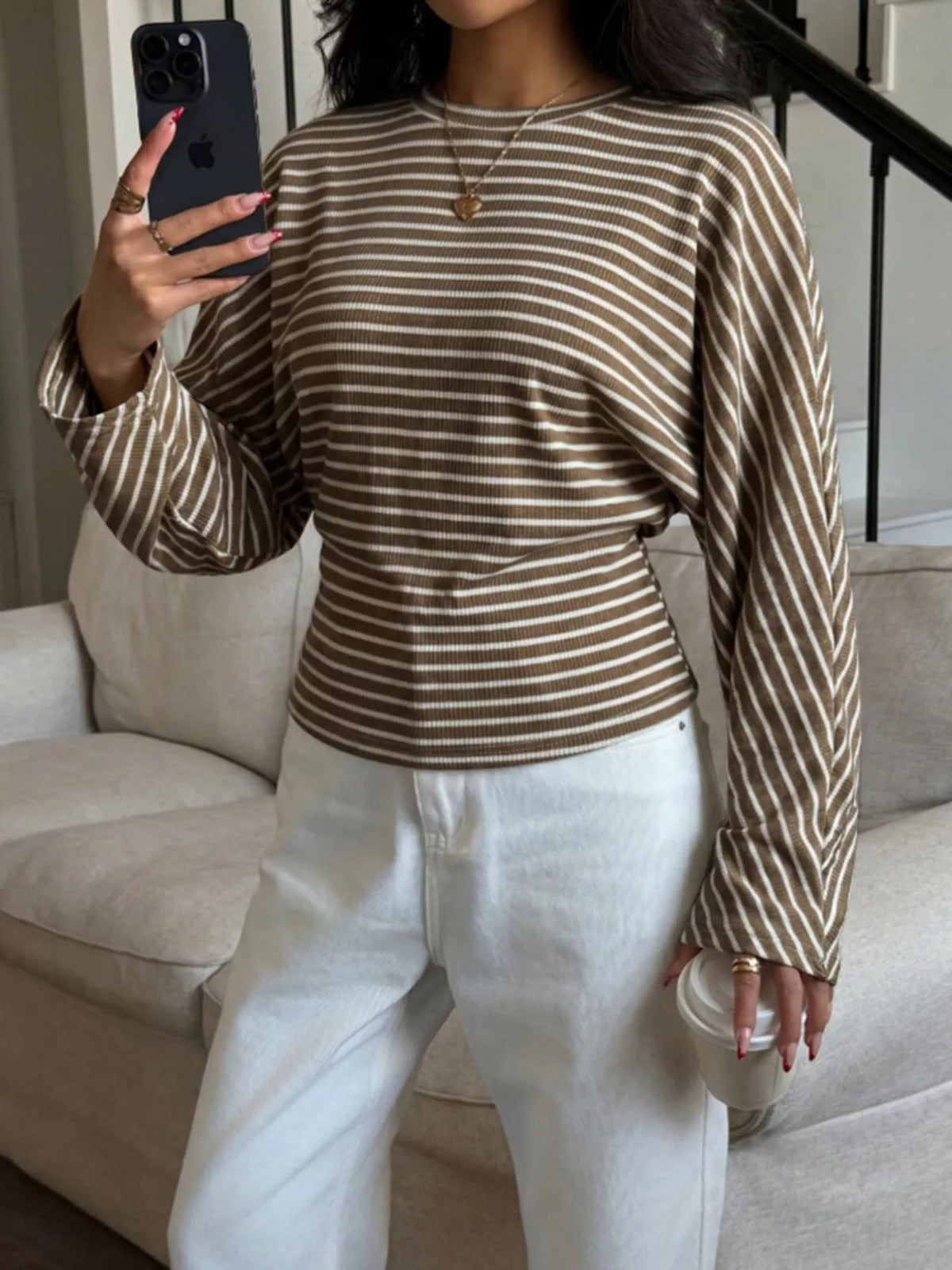 Casual Striped Long Sleeve Batwing T-Shirt