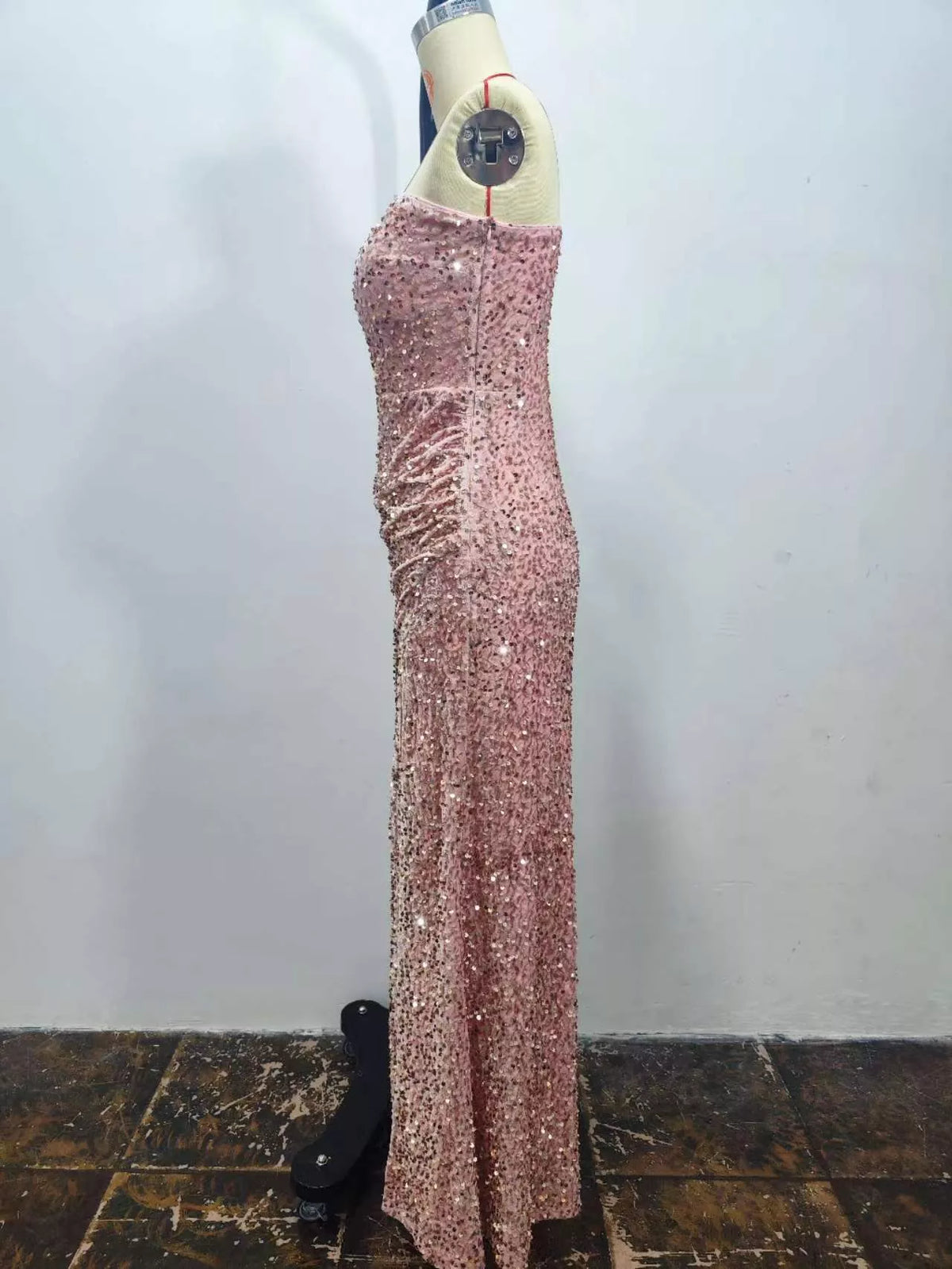 One-Shoulder Ruched Sequin High-Slit Evening Dress