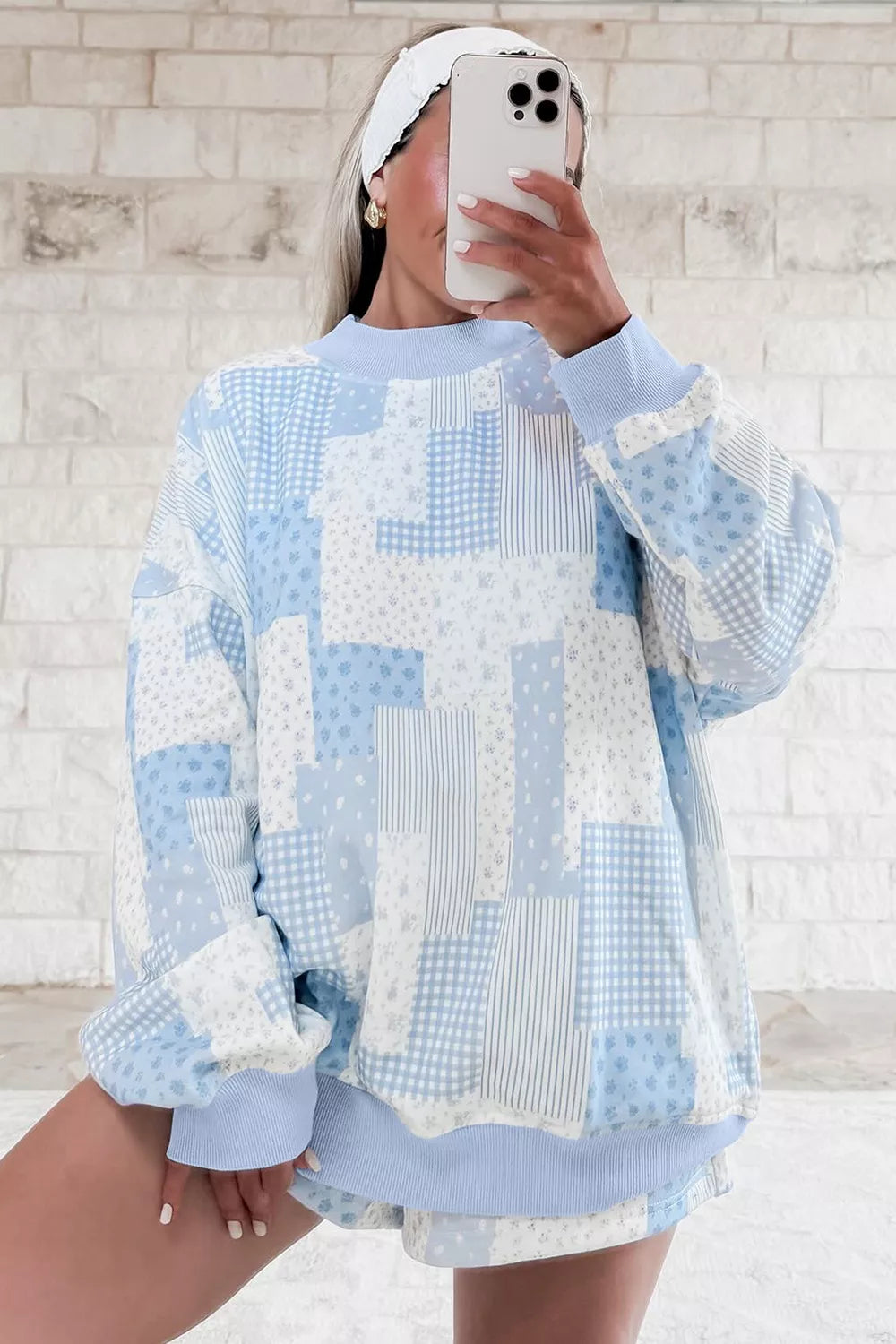 Patchwork Floral Print Stand Neck Long Sleeve Two-piece Outfit Plus Size Set