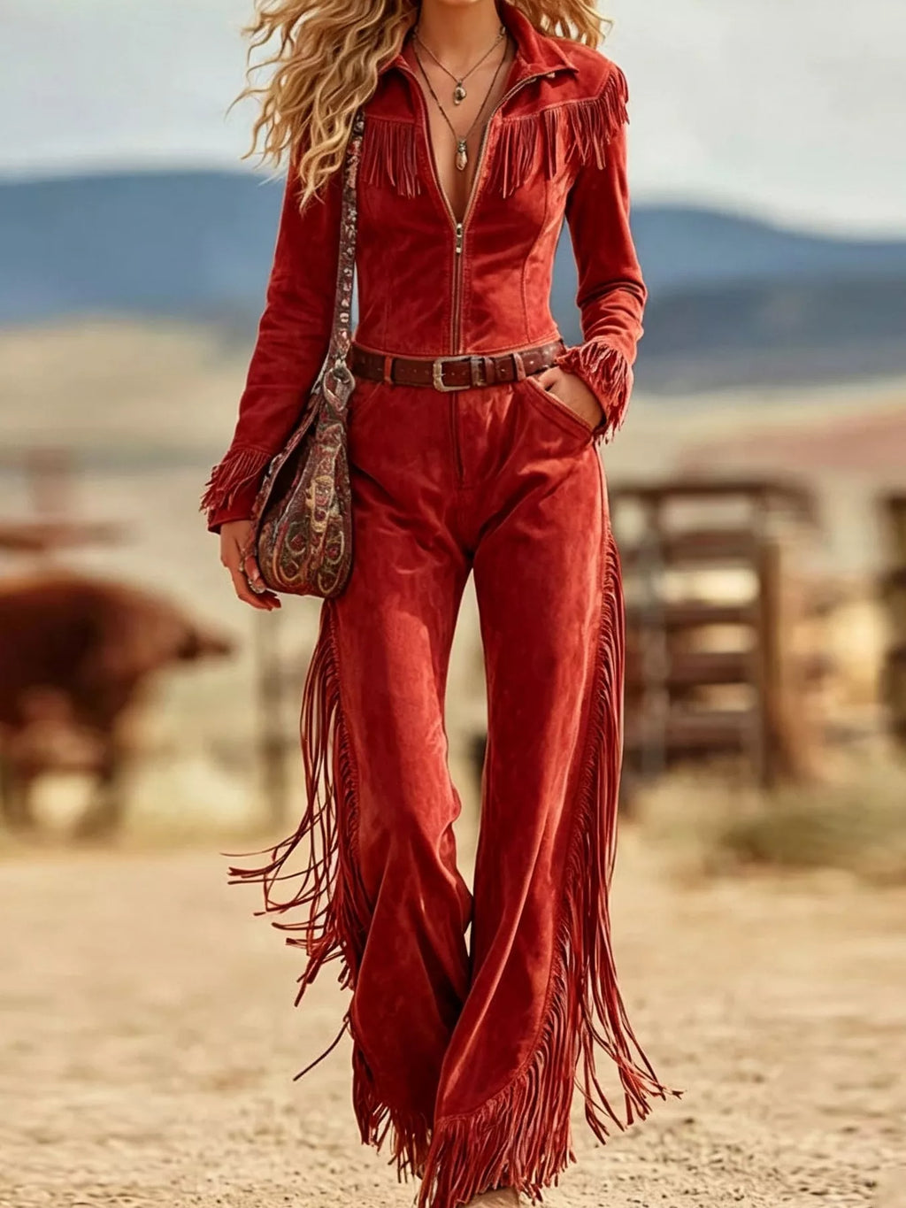 Western-Inspired Suede Fringe Jumpsuit with Zipper Front