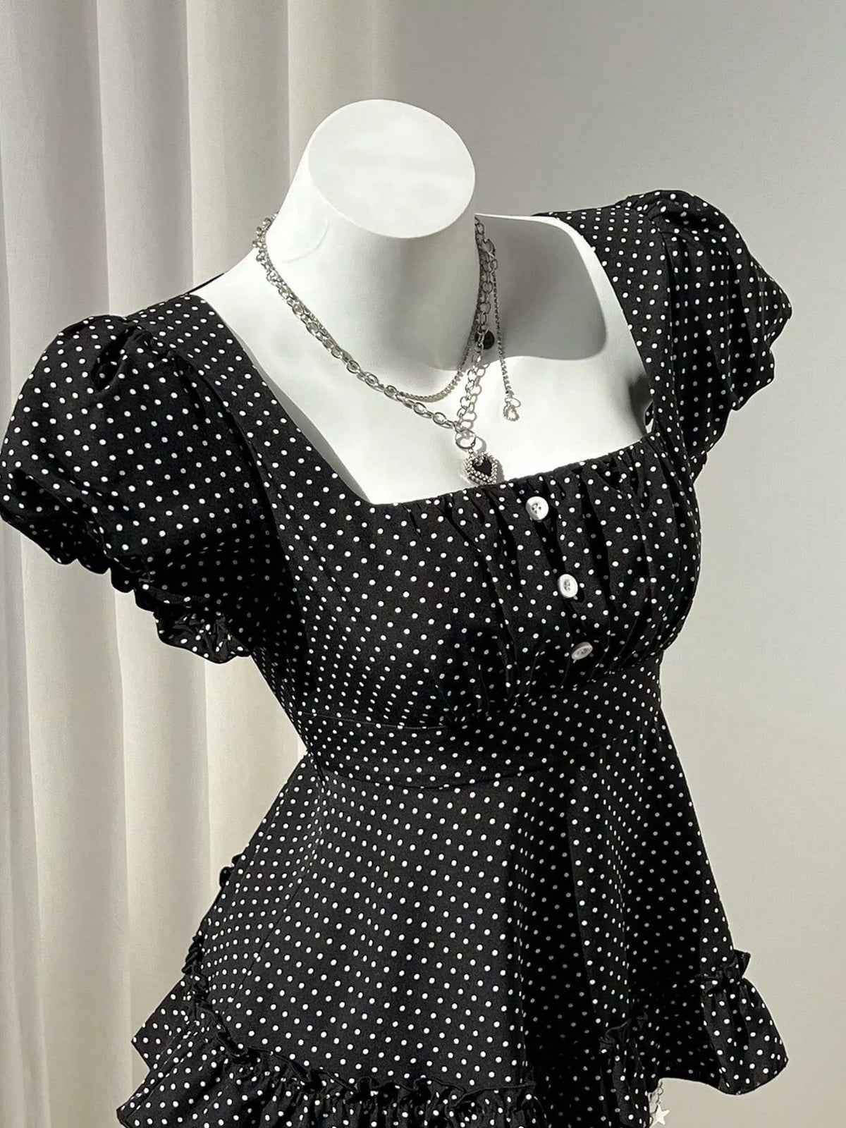 Polka Dot Square Neck Puff Sleeve Peplum Blouse