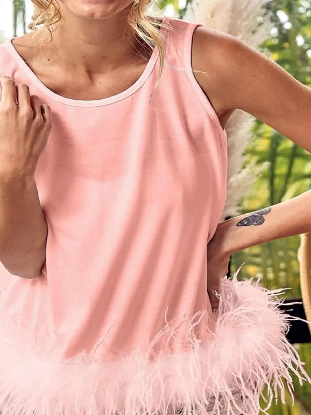 Faux Feather Trim French Terry Back Tie Top in Blush Pink