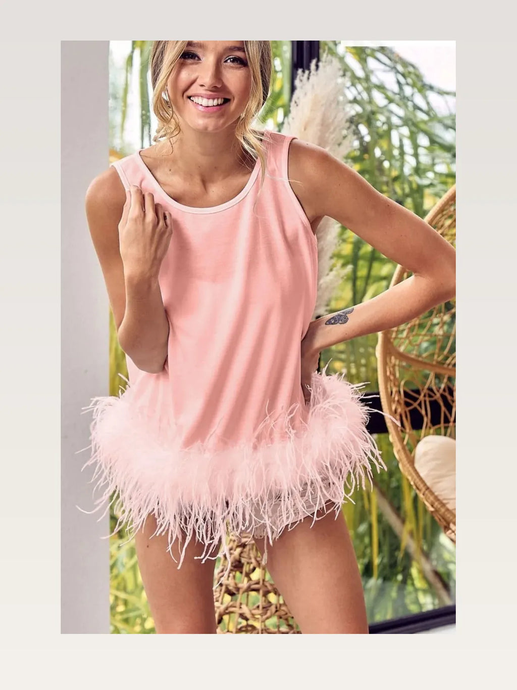 Faux Feather Trim French Terry Back Tie Top in Blush Pink